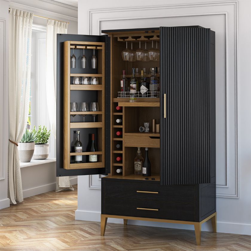 Solid Wood Modern Tall Black Bar Cabinet Armoire Image